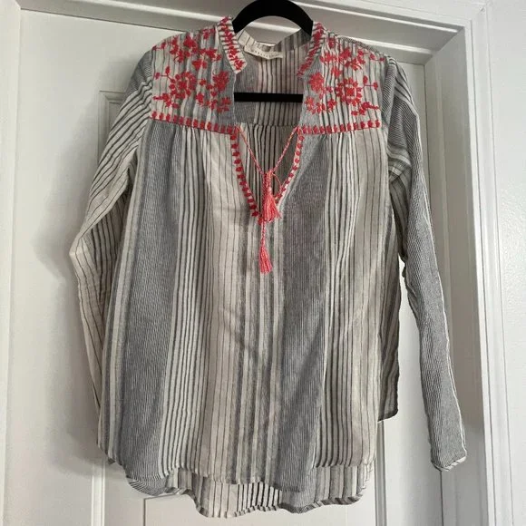 Lovestitch Boho Stripe Embroidered Tie Neck Top - Picture 1 of 5